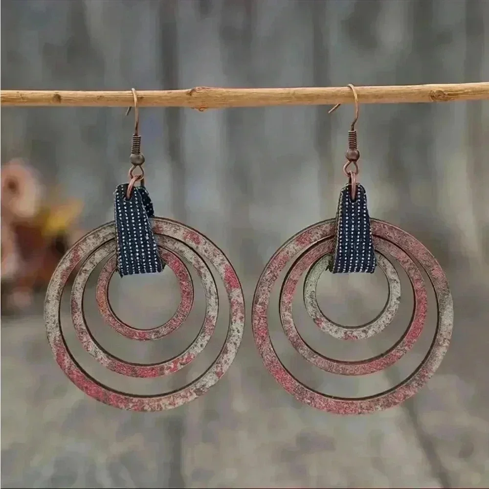 Boho-Chic Colorful Wooden Hollow Circle Dangle Earrings w/Faux Leather Accents